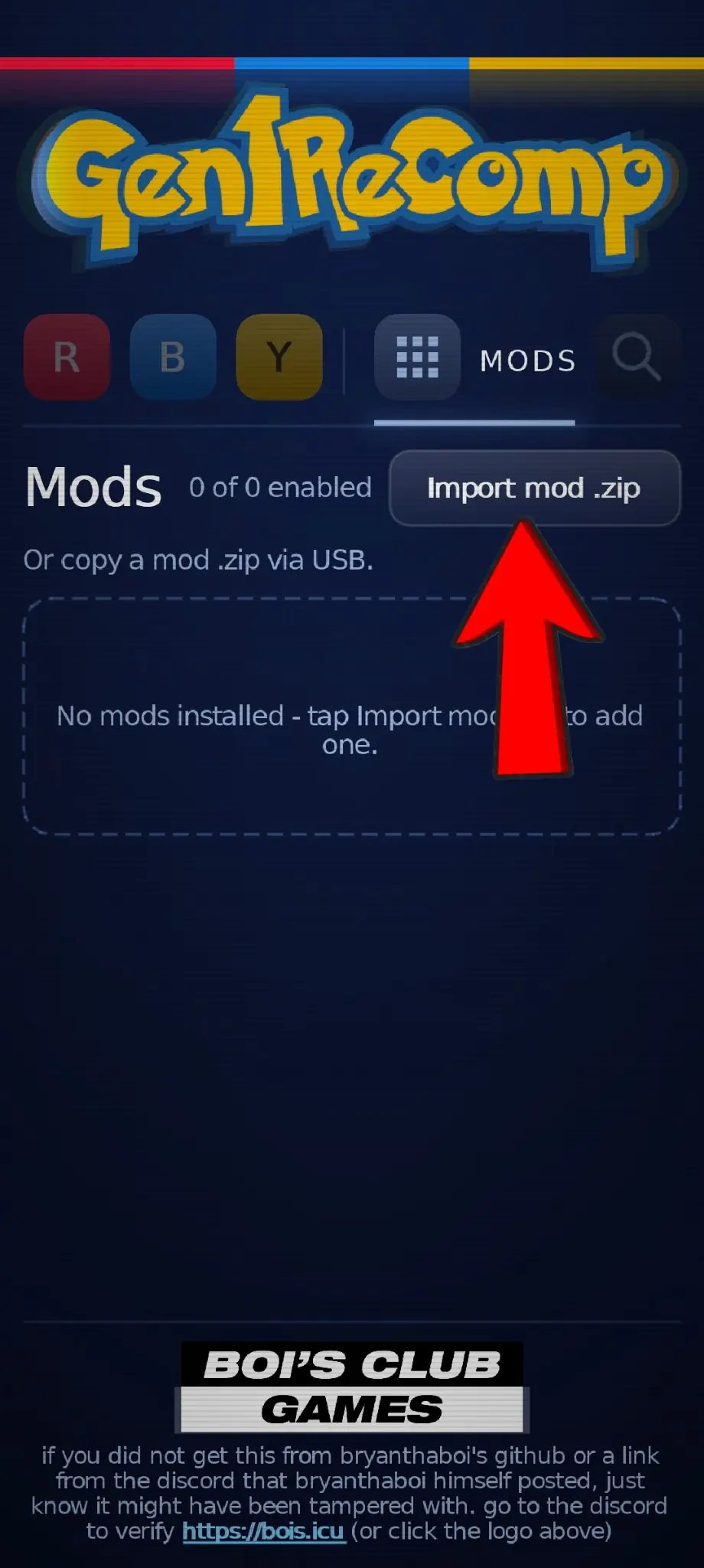 Tap Import mod .zip and choose the original VoxelMod ZIP. Import mod .zip button on the empty Gen1Recomp Android Mods page.