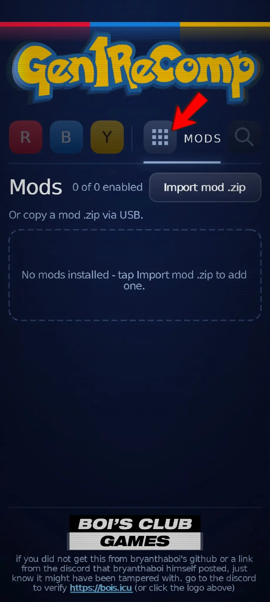Tap the nine-dot icon to open the Gen1Recomp Mods page on Android. Nine-dot Mods icon in the Gen1Recomp Android launcher.