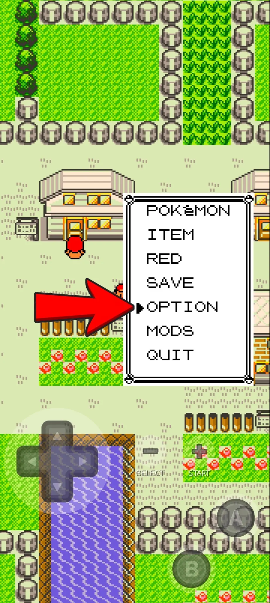 Choose OPTION from the in-game menu to reach the Android Voxel settings. Option selected in the Pokemon Red menu on Gen1Recomp for Android.