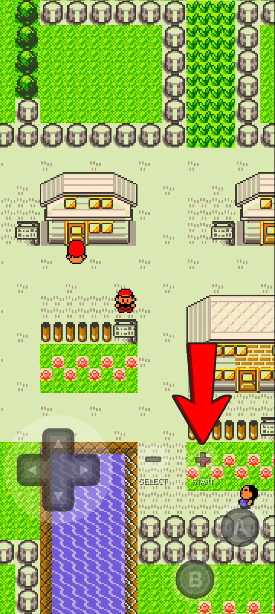 Tap the plus-shaped Start control to open the in-game menu on Android. Start plus button in Pokemon Red running through Gen1Recomp on Android.