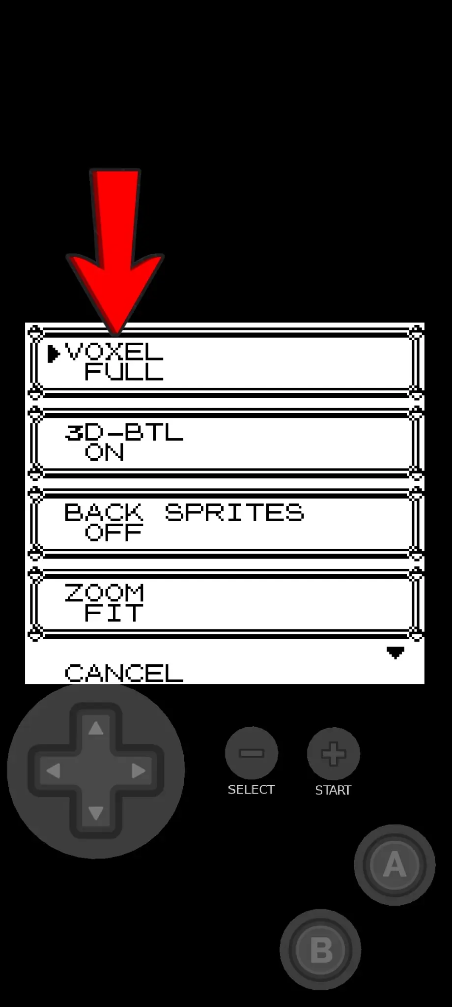 Use the right direction to change VOXEL from Off to Full or a numbered 3D preset. Voxel Full selected in the Gen1Recomp options menu on Android.