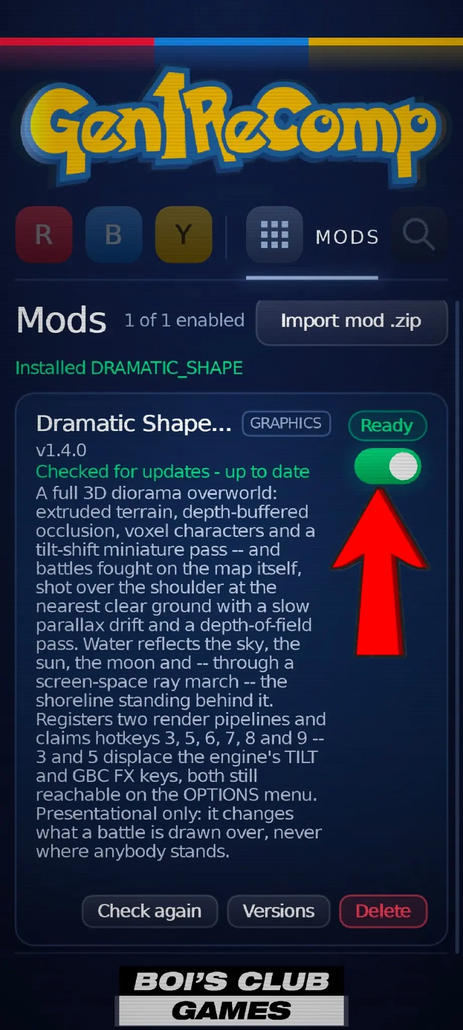 Keep the VoxelMod switch green so the Android 3D graphics remain enabled. Green enabled switch for Dramatic Shape Voxel Mod on Android.