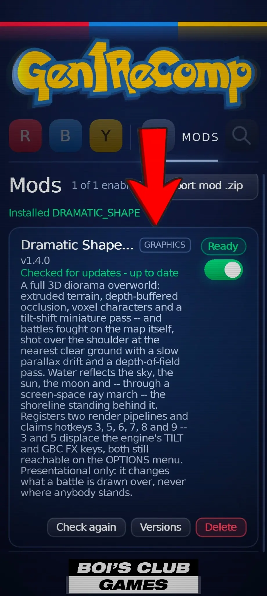 VoxelMod appears in the Android mod manager after the ZIP is imported. Dramatic Shape Voxel Mod installed in Gen1Recomp on Android.