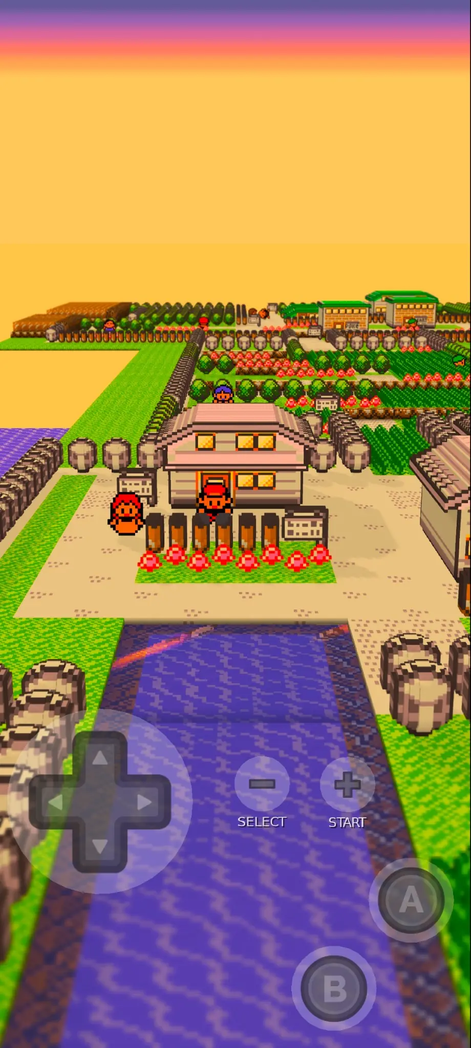 Voxel 75 uses a wide 3D perspective with a longer view across the map. Pokemon Red 3D map on Android with the Voxel setting at 75.