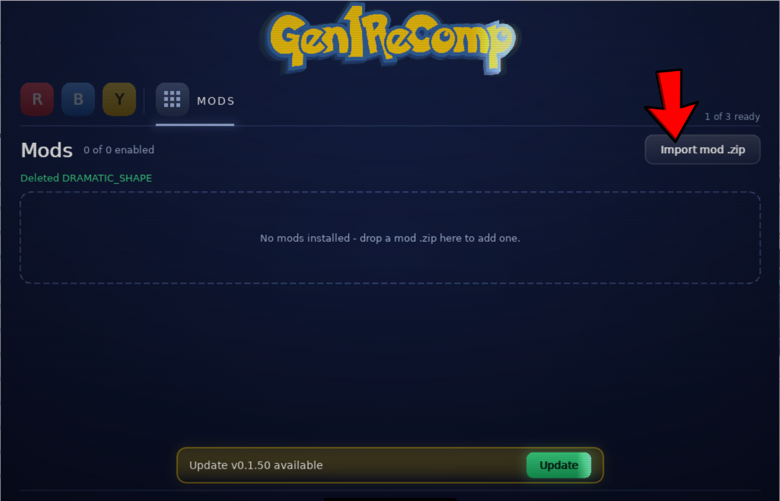 The Import mod .zip button on the empty Gen1Recomp Mods page.