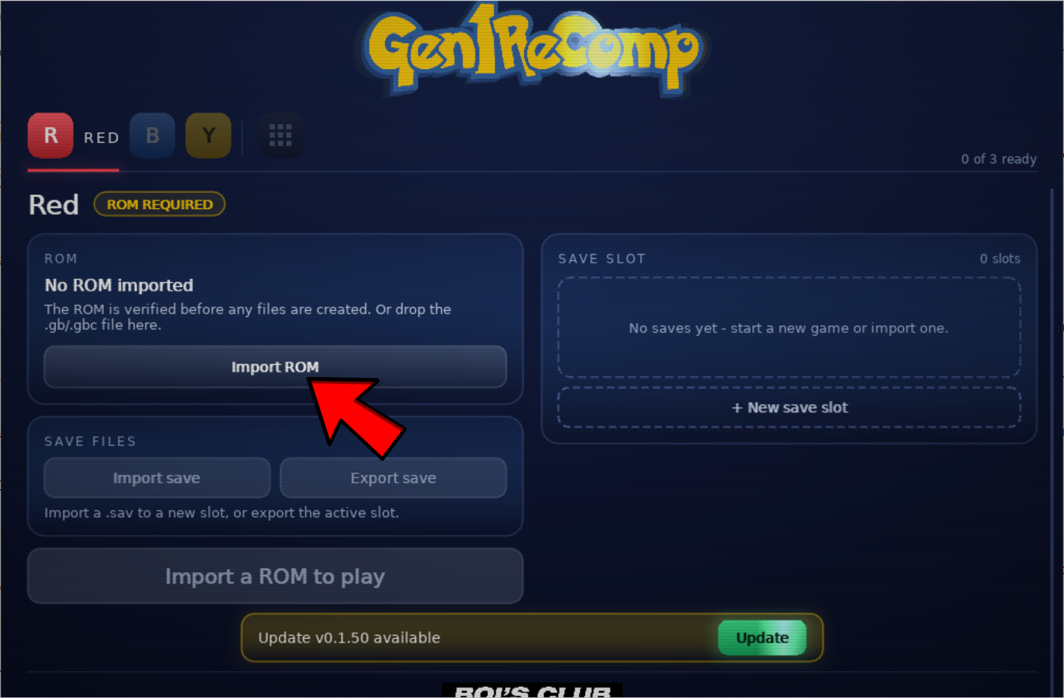 The Import ROM button in the Red game tab of the Gen1Recomp launcher.