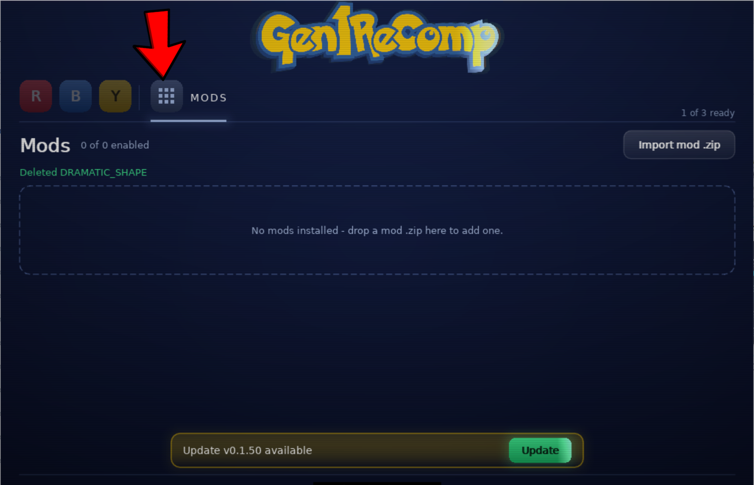 The four-dot Mods tab highlighted at the top of the Gen1Recomp launcher.