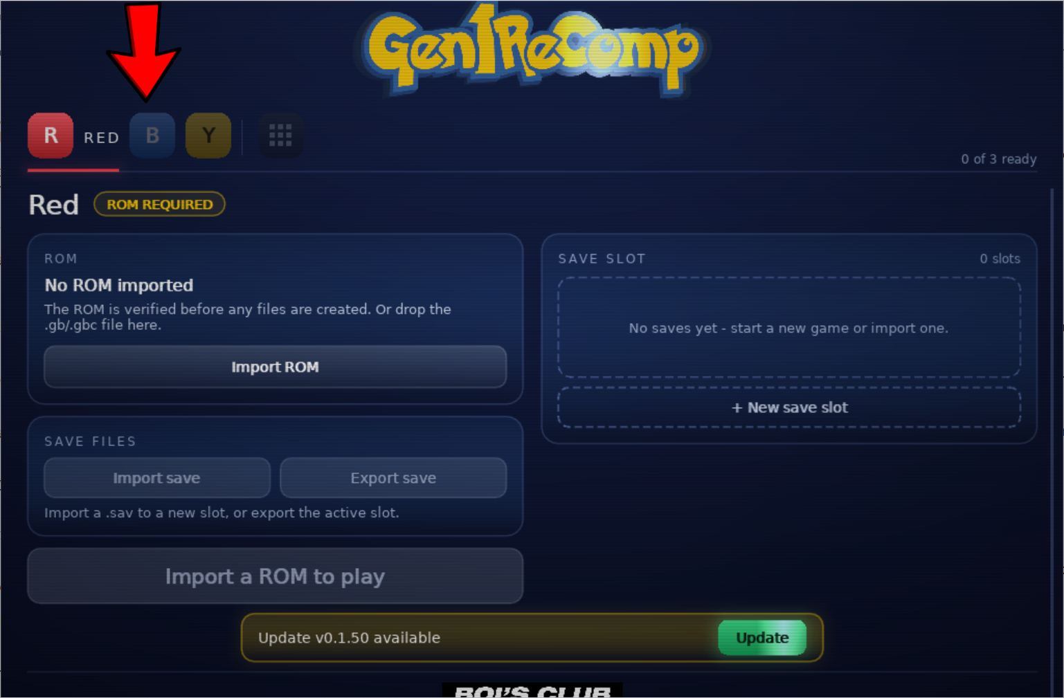 Gen1Recomp launcher showing the Red, Blue and Yellow game tabs at the top.
